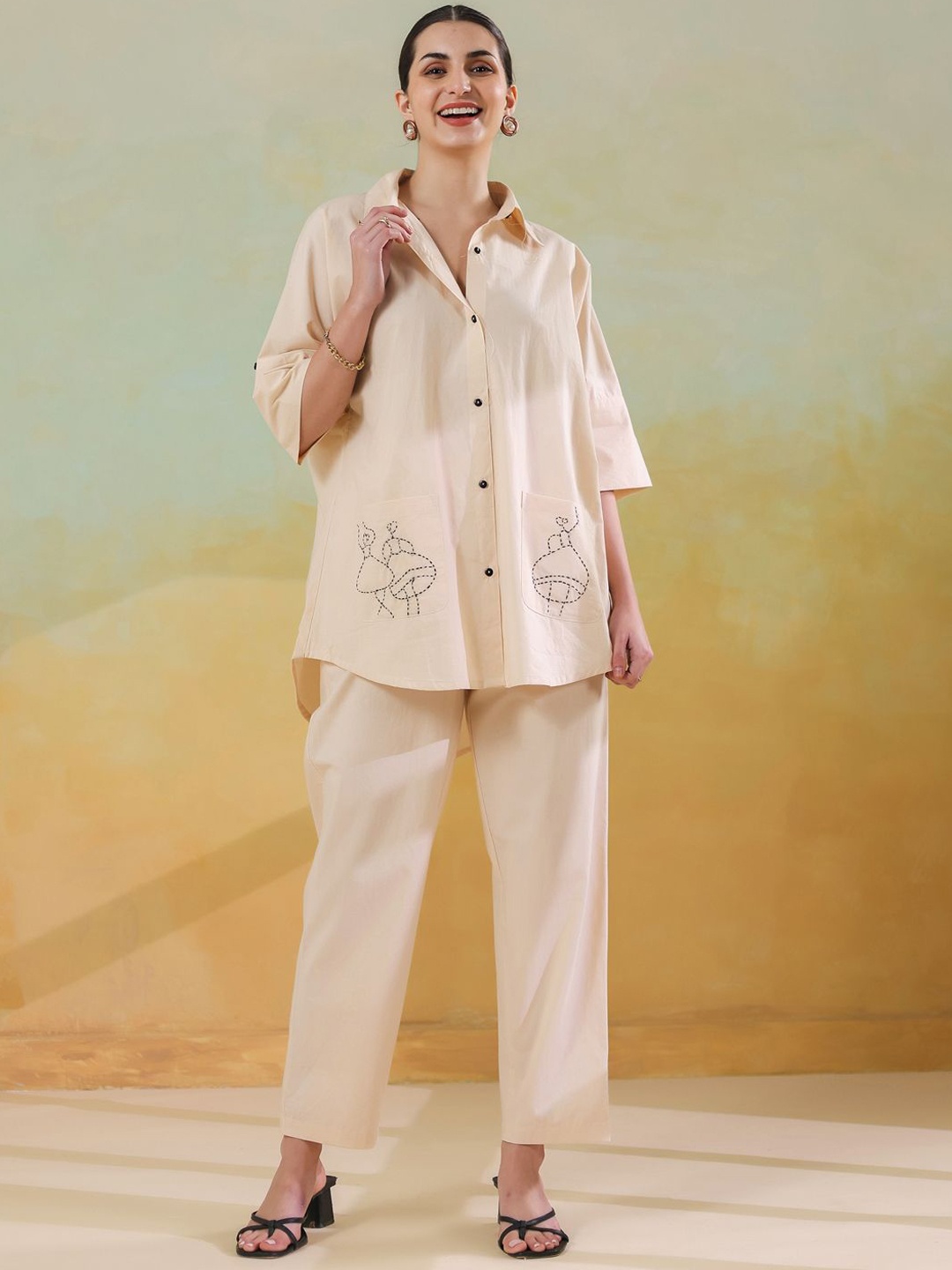 

Aura By Sanskrutihomes Embroidered Shirt Collar Pure Cotton Shirt With Trousers Co-Ords, Cream