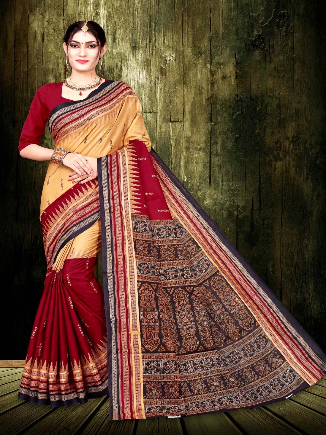 

pasapalli Ethnic Motifs Pure Cotton Sambalpuri Saree, Brown