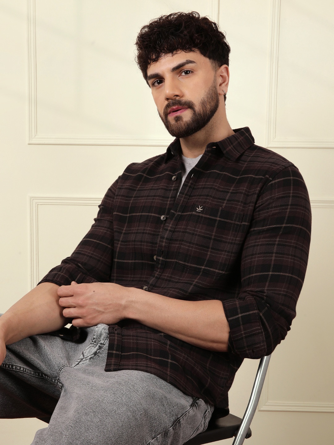 

WROGN Men Comfort Slim Fit Checked Casual Shirt, Brown