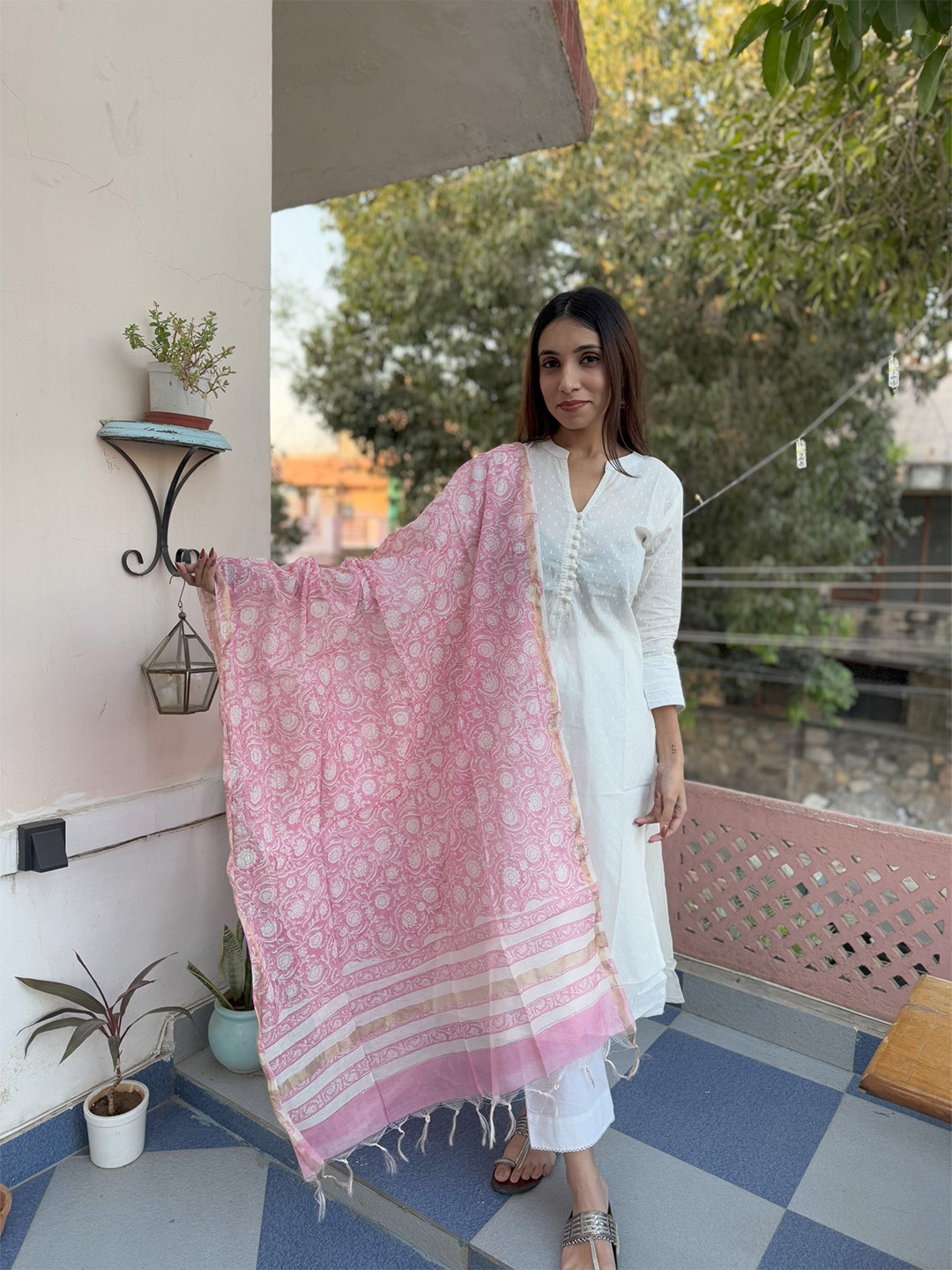 

GOODHAND Printed Block Print Dupatta, Pink