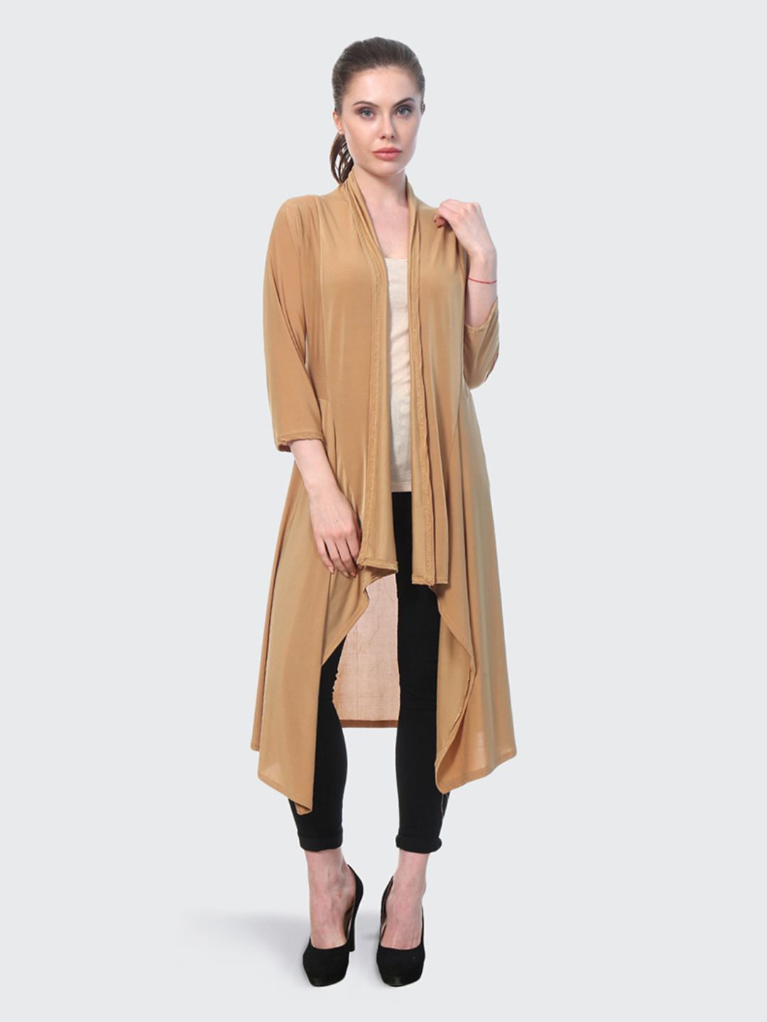 

DIMPY GARMENTS Longline Open Front Shrug, Beige
