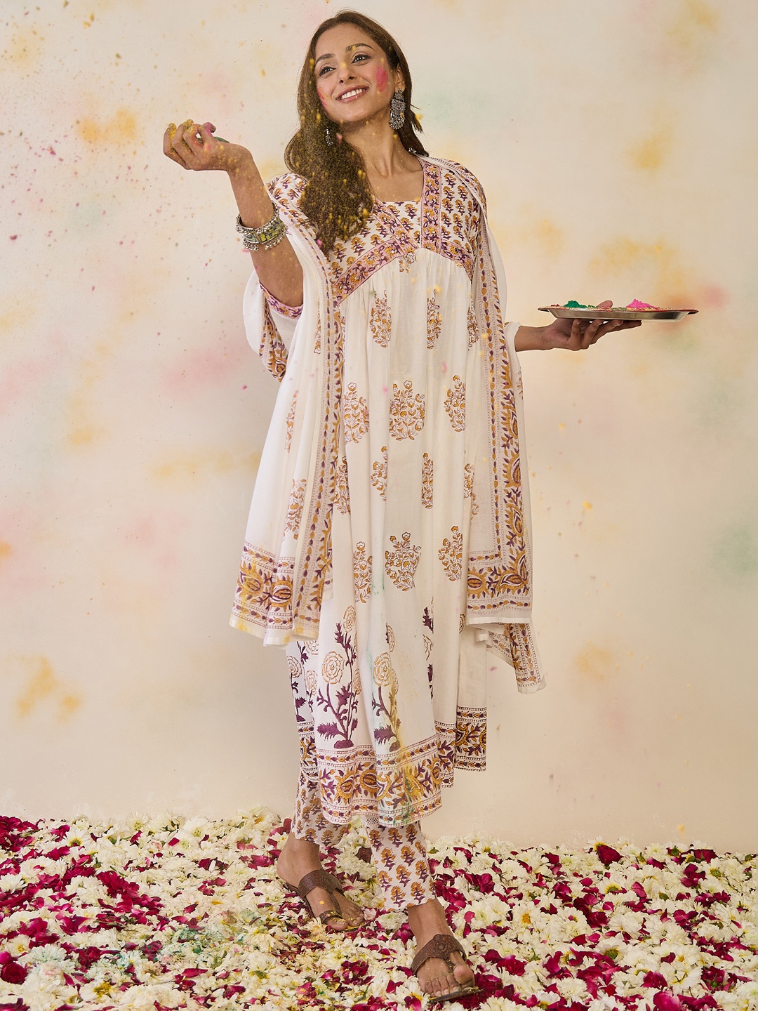 

Indo Era Women Ethnic Motifs Printed Empire Mirror Work Pure Cotton Kurta with Trousers & With Dupatta, White