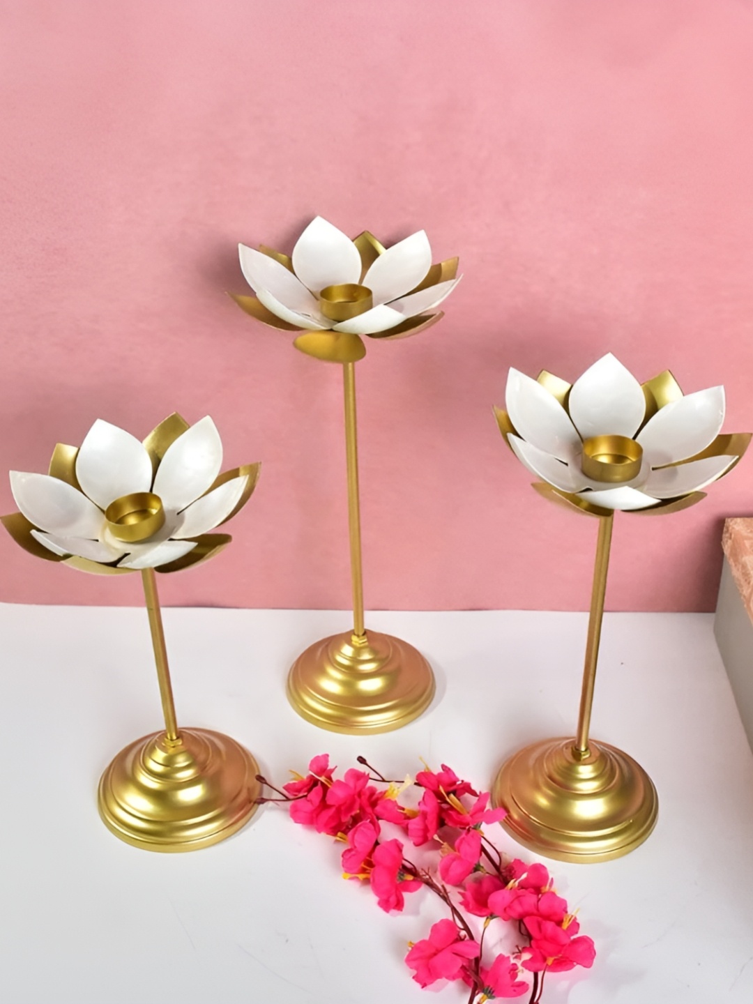 

THE HOME CO. 3-Pcs Yellow & White Lotus Stick Candle Holder, Gold