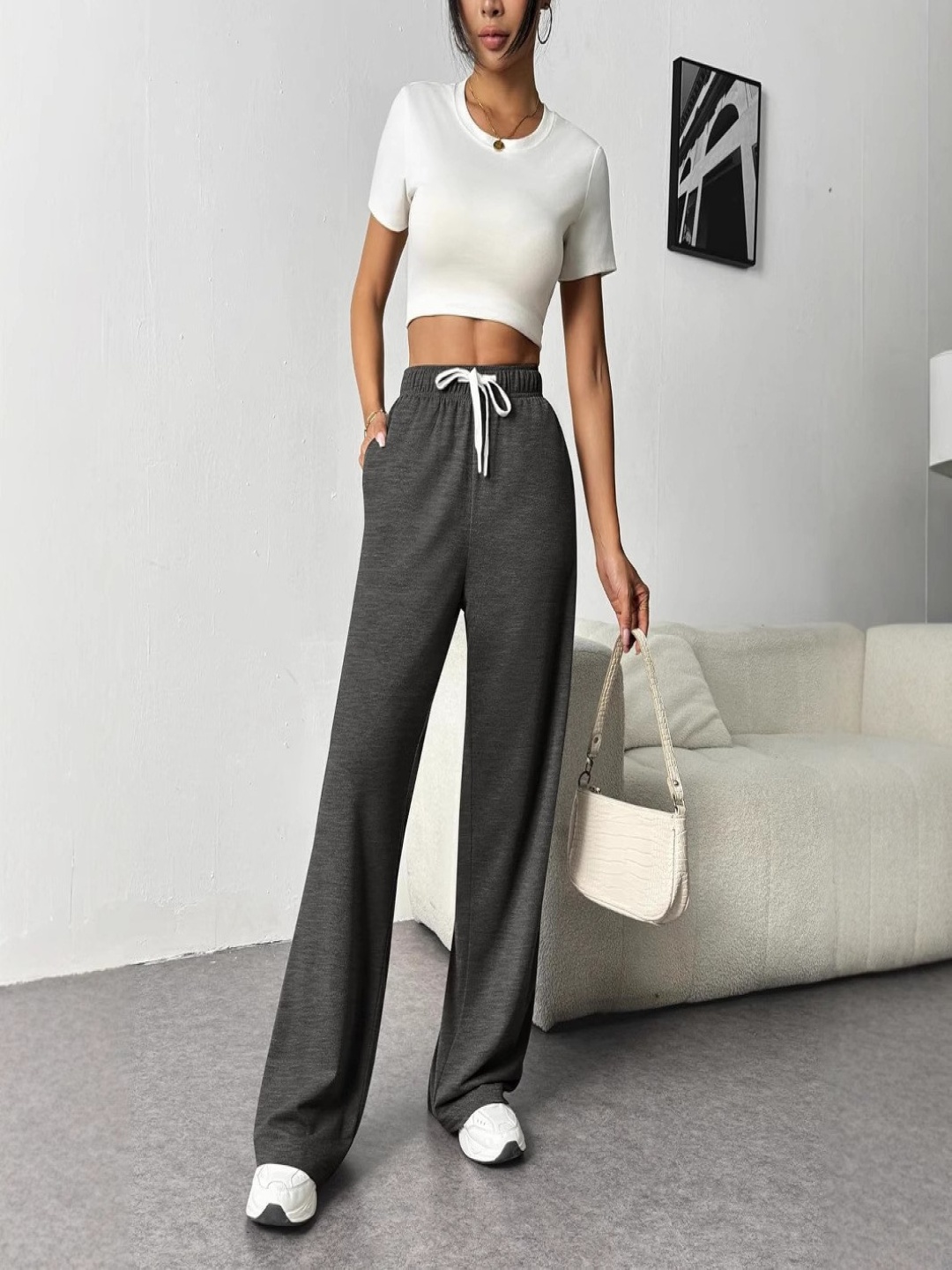 

HERE&NOW Women Flared High-Rise Trousers, Black