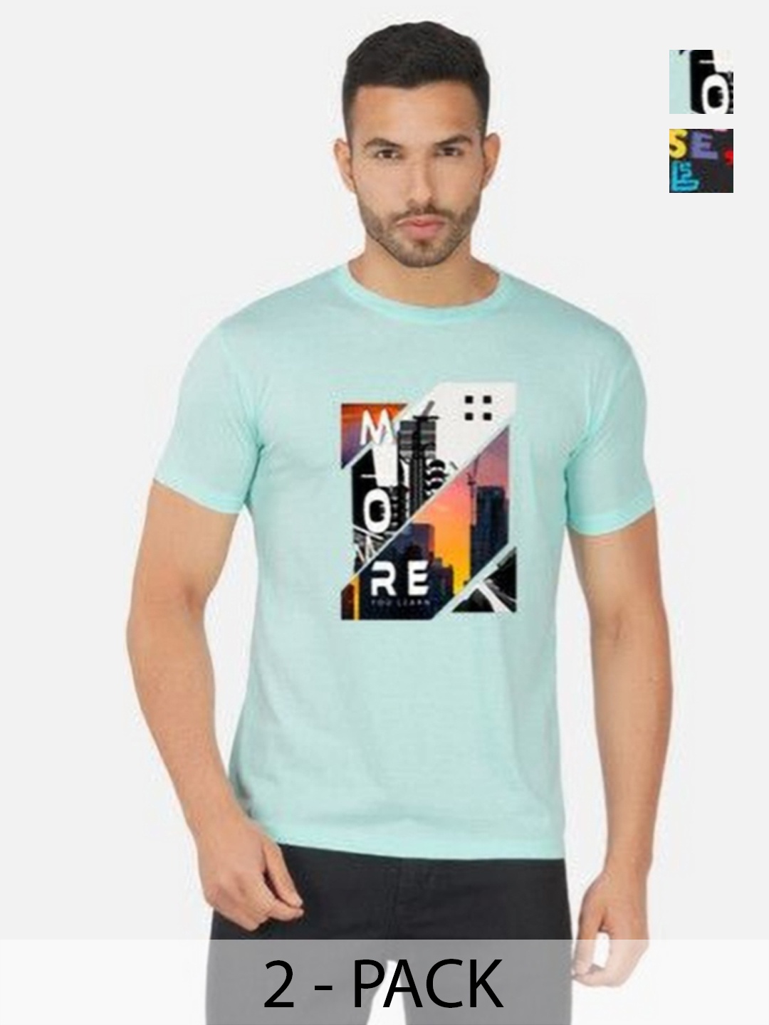 

GLOBAL NOMAD Men 2 Printed Bio Finish Applique T-shirt, Turquoise blue