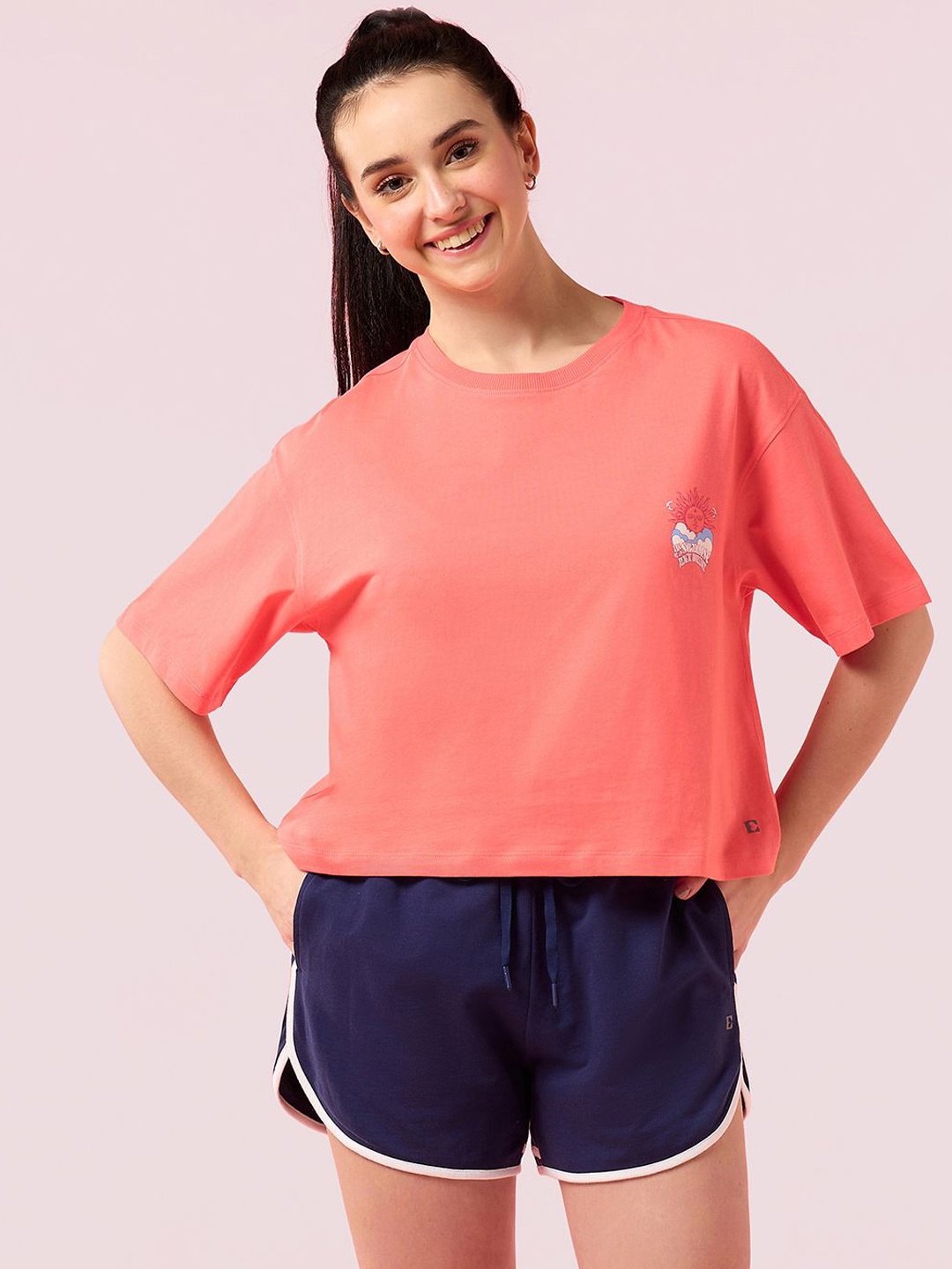 

Enamor Graphic Printed Pure Cotton Oversized Fit Crew Neck Lounge T-Shirt, Coral