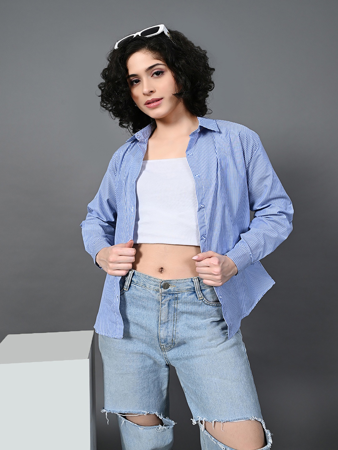 

CORSICA Women Standard Opaque Striped Formal Shirt, Blue