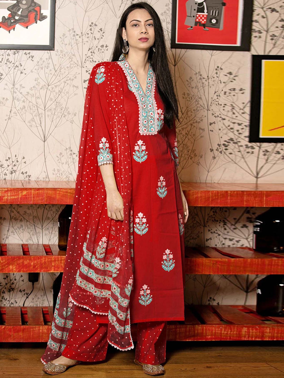 

KALINI Women Printed Regular Kurta with Palazzos & With Dupatta, Red