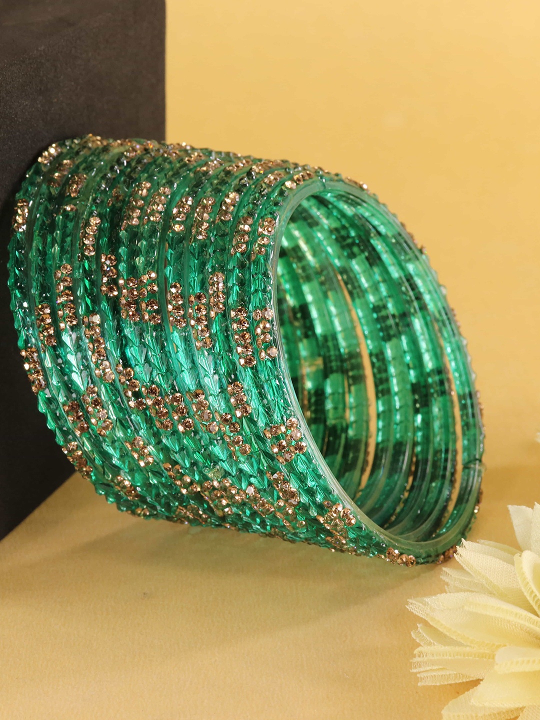 

LAVAZZA Set Of 12 Cubic Zirconia Studded Glass Bangles, Green