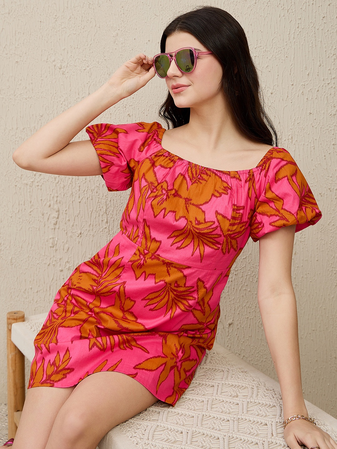 

ZUMMER Floral Print Off-Shoulder Bodycon Dress, Pink