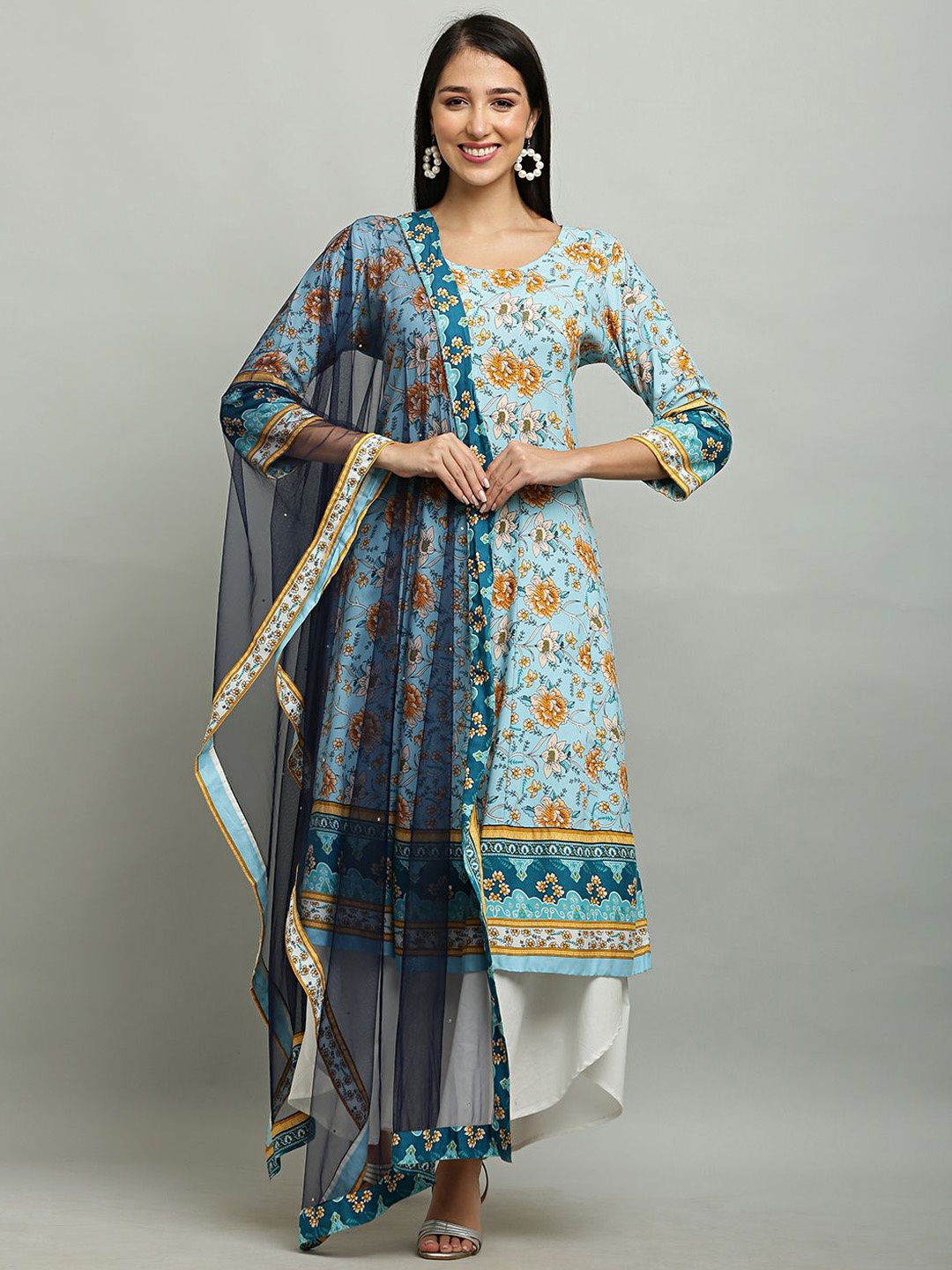 

DEGE Floral Printed Round Neck Ethnic Anarkali Kurta, Turquoise blue