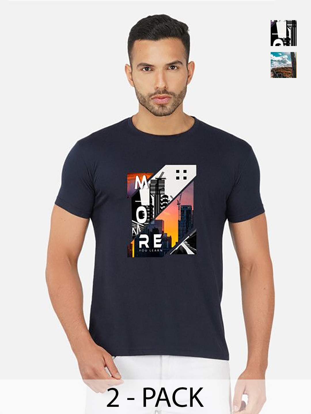 

GLOBAL NOMAD Men 2 Printed Bio Finish Applique T-shirt, Navy blue