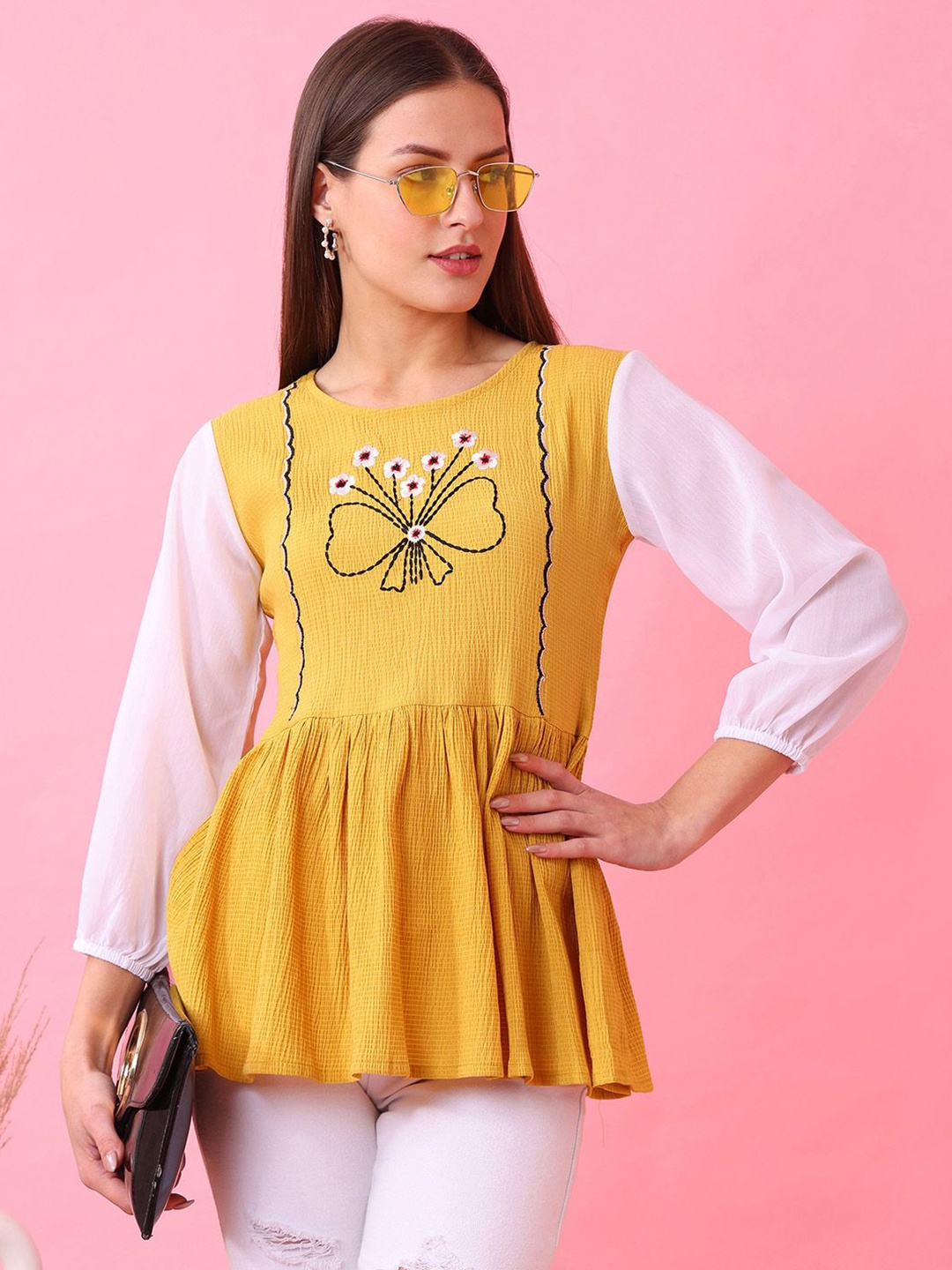 

Kinjo Embroidered Crepe Top, Mustard