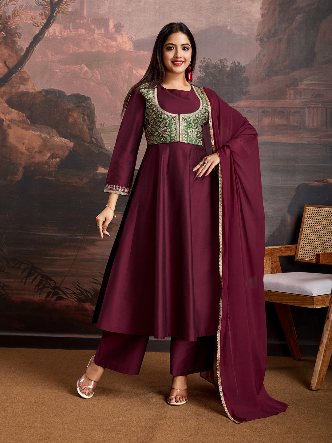 

House of Pataudi Anarkali Kurta Trousers & Dupatta With Embroidered Jacket, Maroon