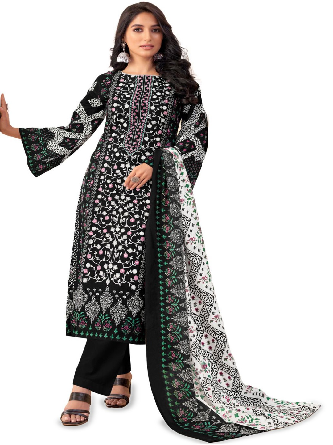 

DRAVINAM Trends Embroidered Pure Cotton Unstitched Dress Material, Black