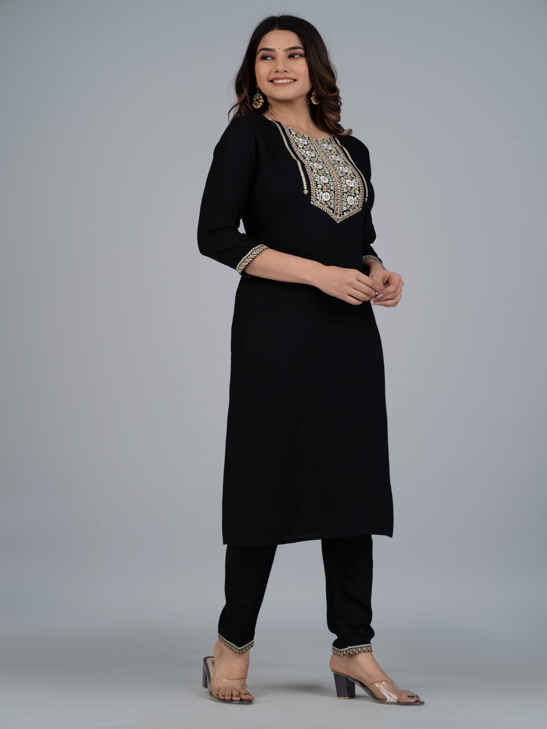 

Moda Rapido Women Embroidered Regular Kurta with Trousers, Black