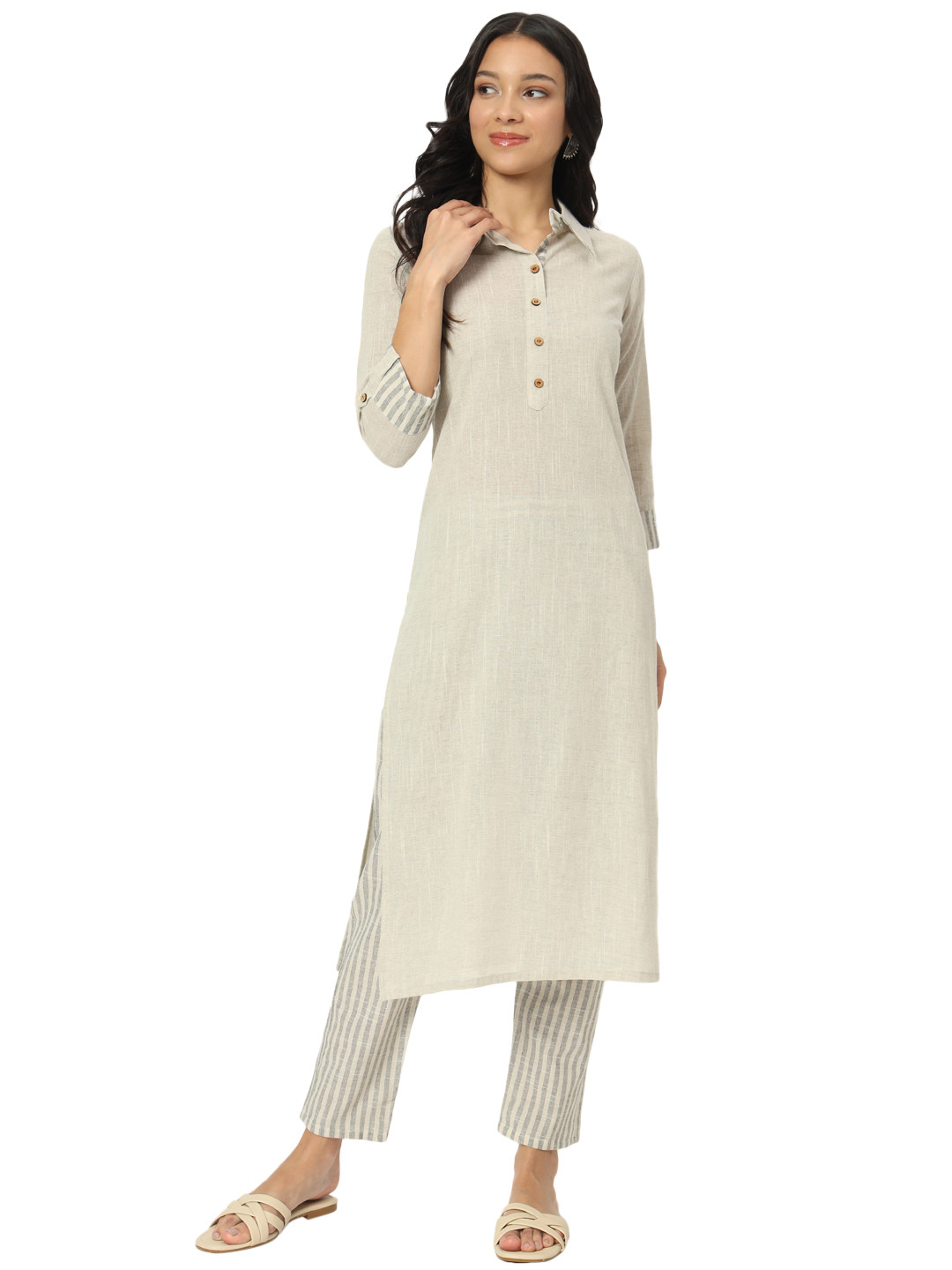 

Laad Women Striped Regular Pure Cotton Kurta with Trousers, Grey