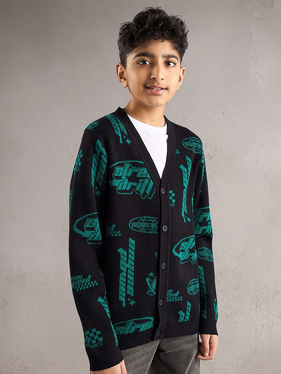 

max Boys Typography Printed Cardigan, Black
