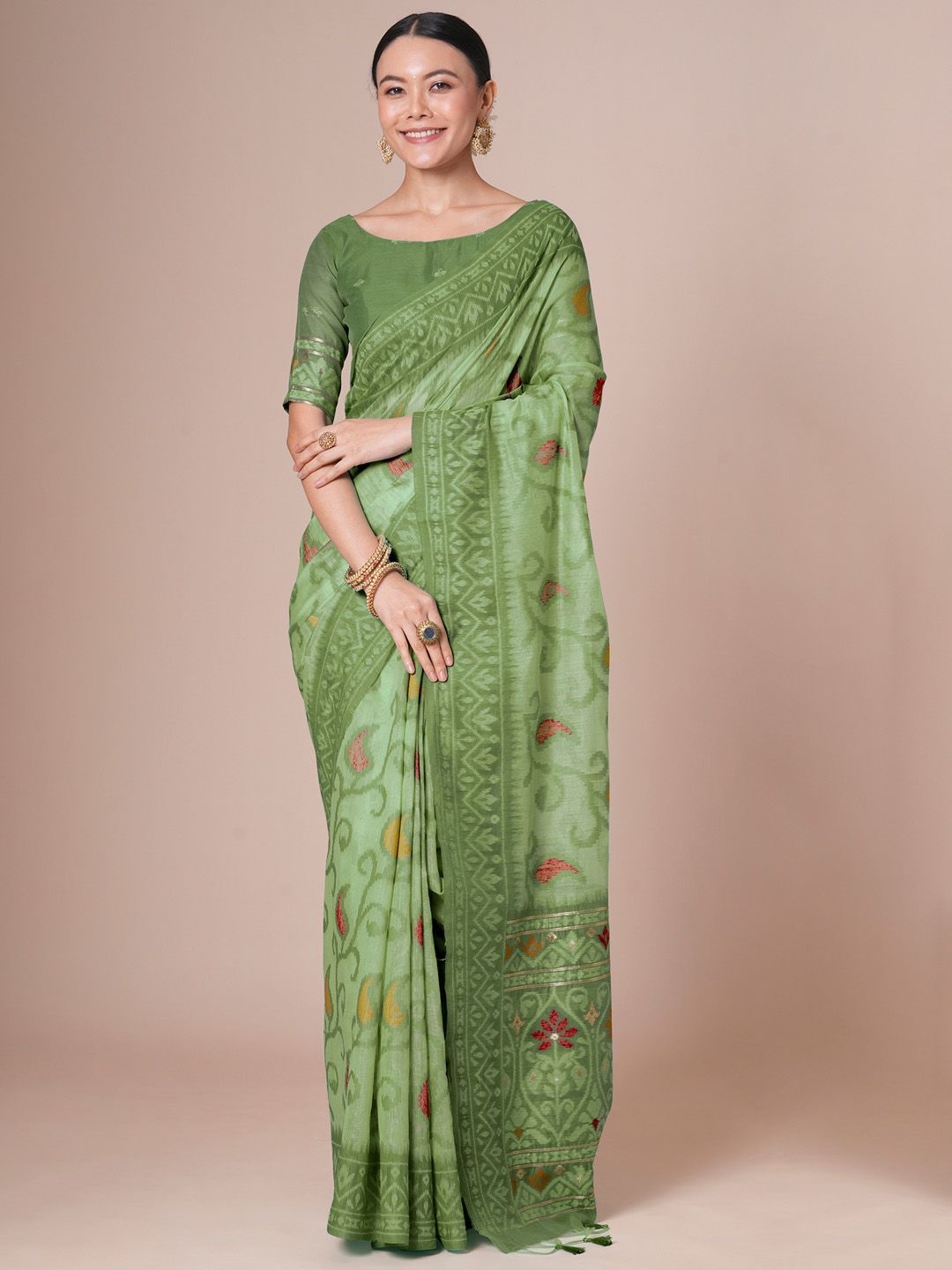 

House of Pataudi Woven Design Traditional Saree With Matching Blouse, Green