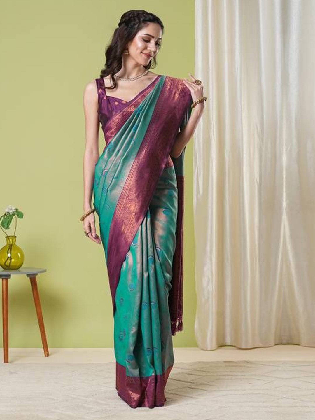 

HERE&NOW Woven Design Zari Silk Blend Banarasi Saree, Blue