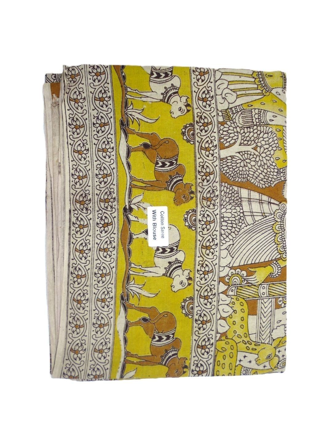 

SR HANDLOOMS AND TEXTILES Kalamkari Pure Cotton Saree, Yellow