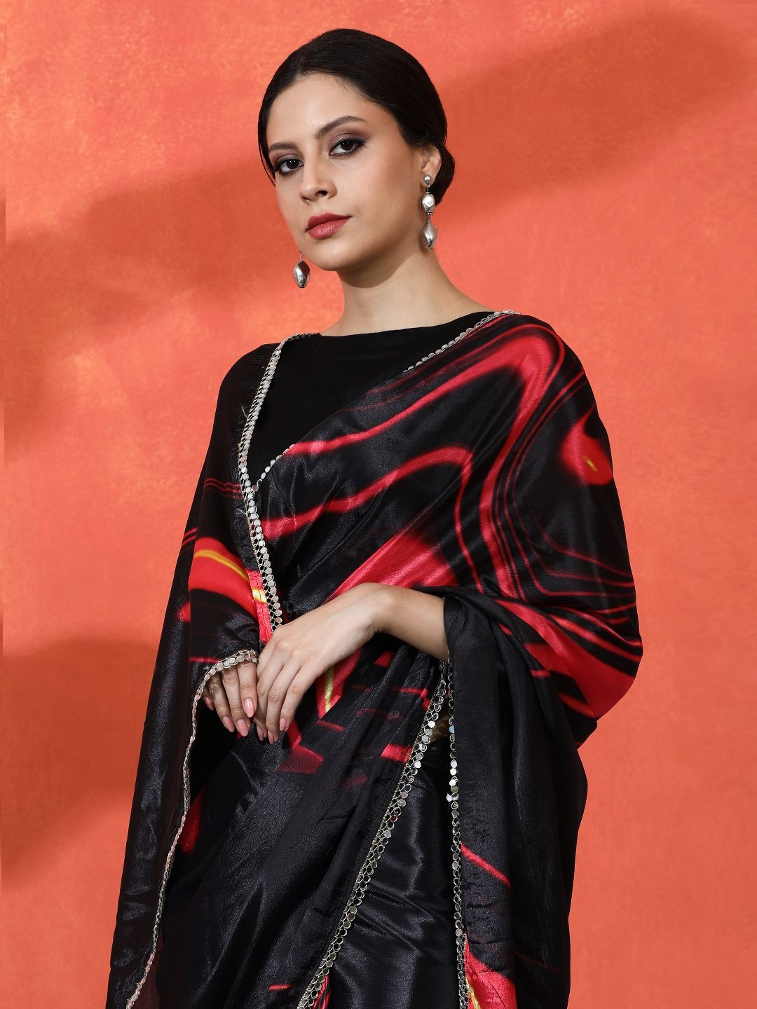 

Sangria Mirror Work Floral Printed Digital Printed Satin Saree With Blouse Piece, Black