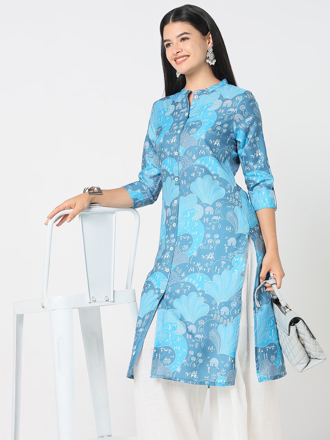 

R&B Women Ethnic Motifs Printed Chikankari Kurta, Blue
