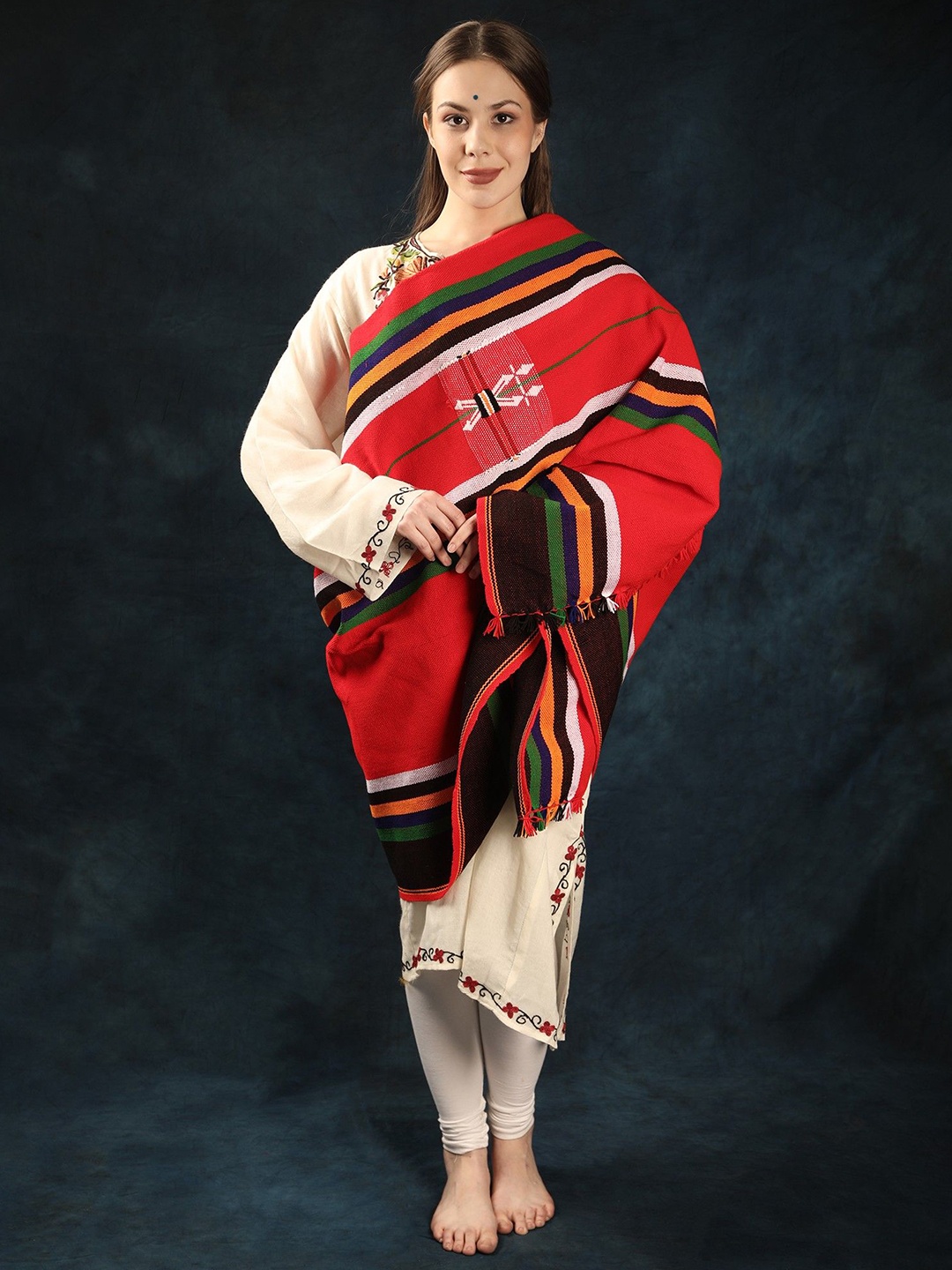 

Exotic India Women Striped Embroidered Shawl, Red