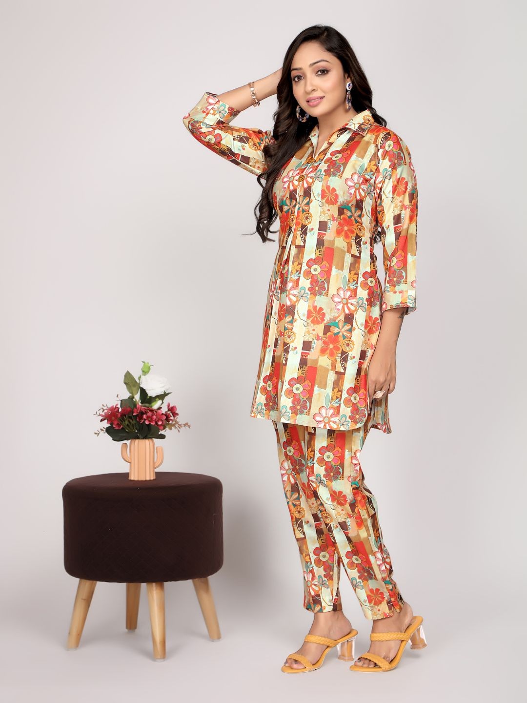 

Jade & Julie Printed Pure Cotton Shirt Collar Top With Trousers Co-Ords, Orange