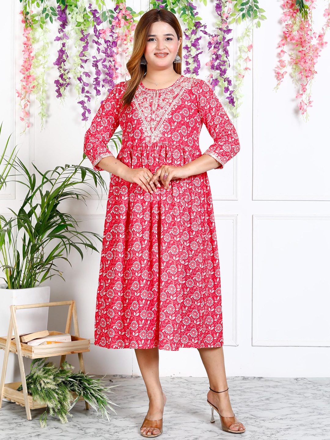 

ASANSHI Floral Printed Fit & Flare Midi Dress, Pink