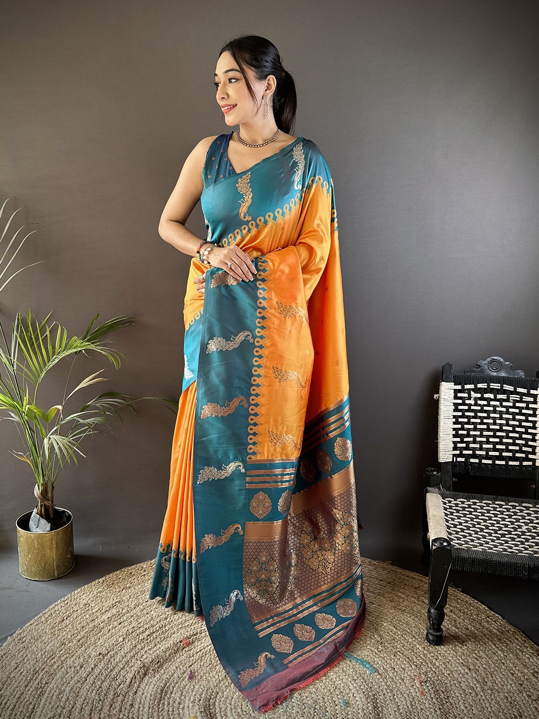 

Panzora Woven Design Zari Silk Blend Banarasi Saree, Orange