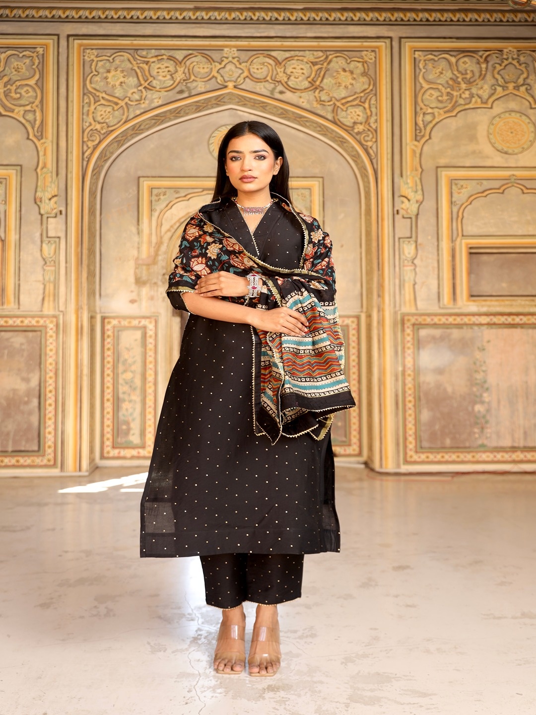 

ASRUMO Women Embroidered Regular Mukaish Kurta with Trousers & With Dupatta, Black