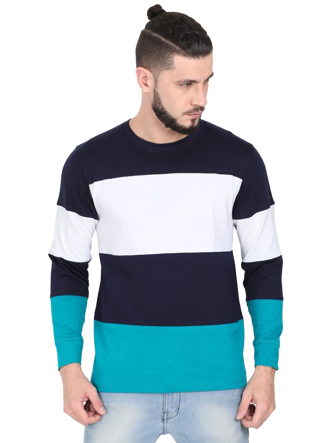 

QUCO Men Cotton Biowashed Round Neck Colour Blocked Full Sleeve Tshirt, Multi