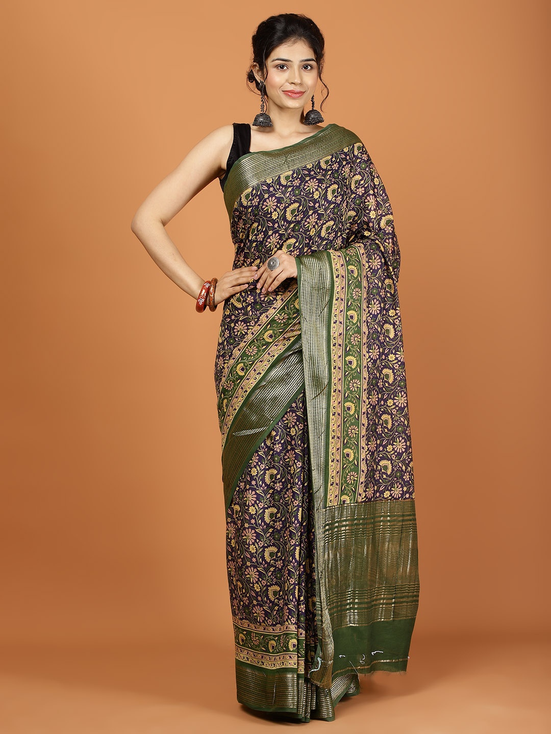 

Meena Bazaar Floral Zari Saree, Navy blue