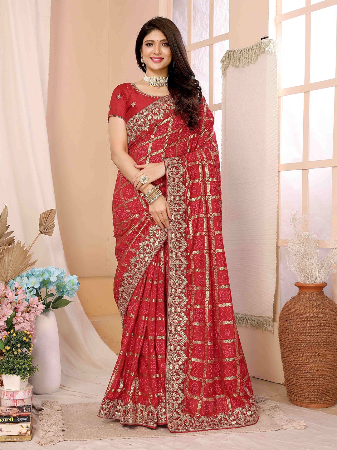 

NEGRONI Ethnic Motifs Zari Silk Blend Bandhani Saree, Red