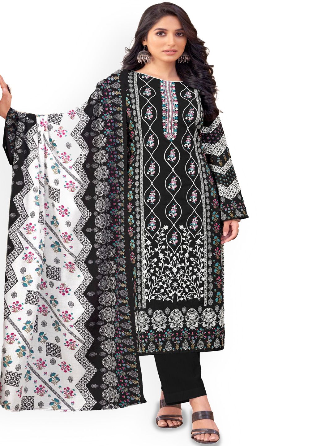 

DRAVINAM Trends Embroidered Pure Cotton Unstitched Dress Material, Black