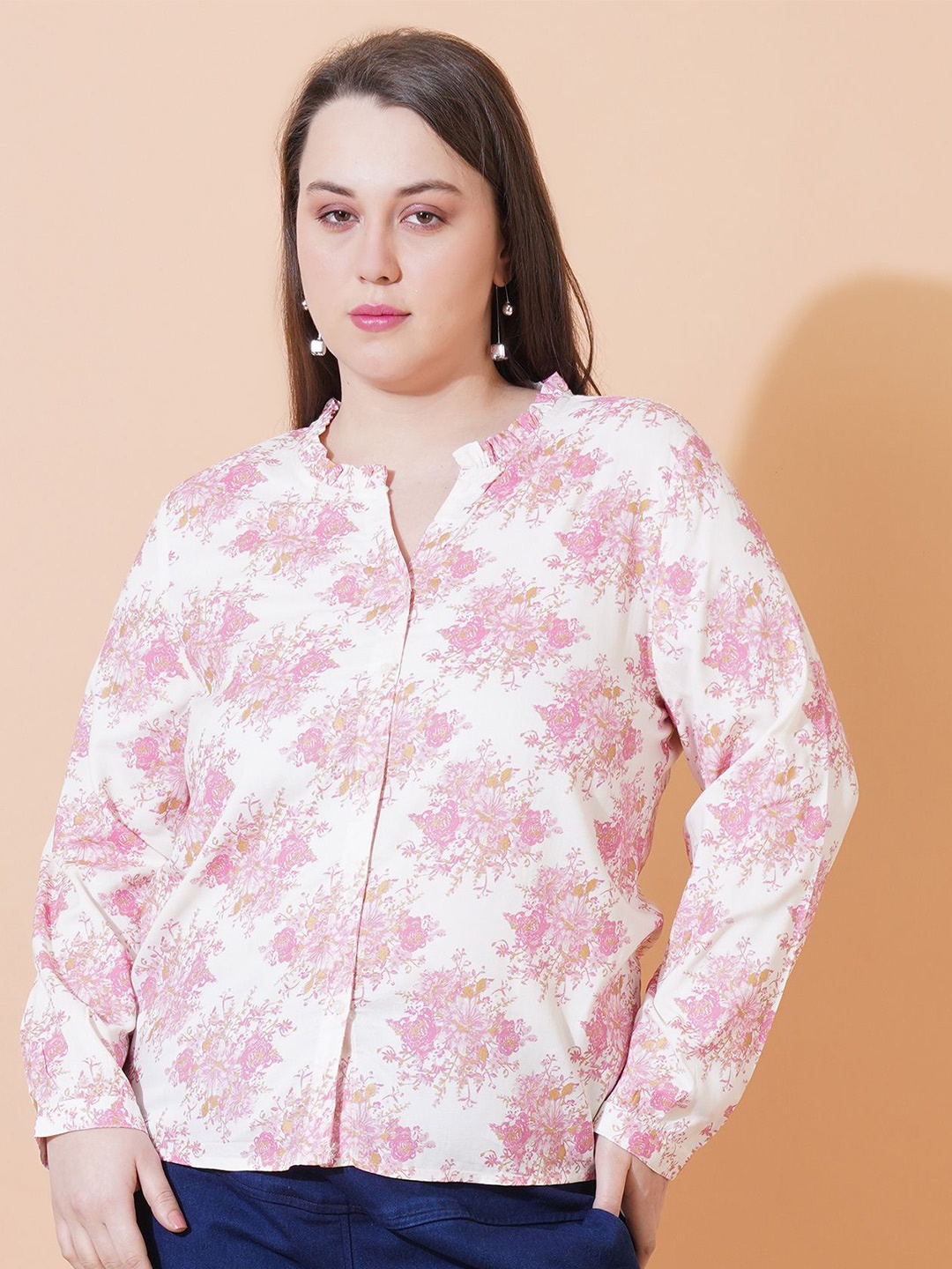 

Sztori Floral Print Mandarin Collar Cotton Top, Pink