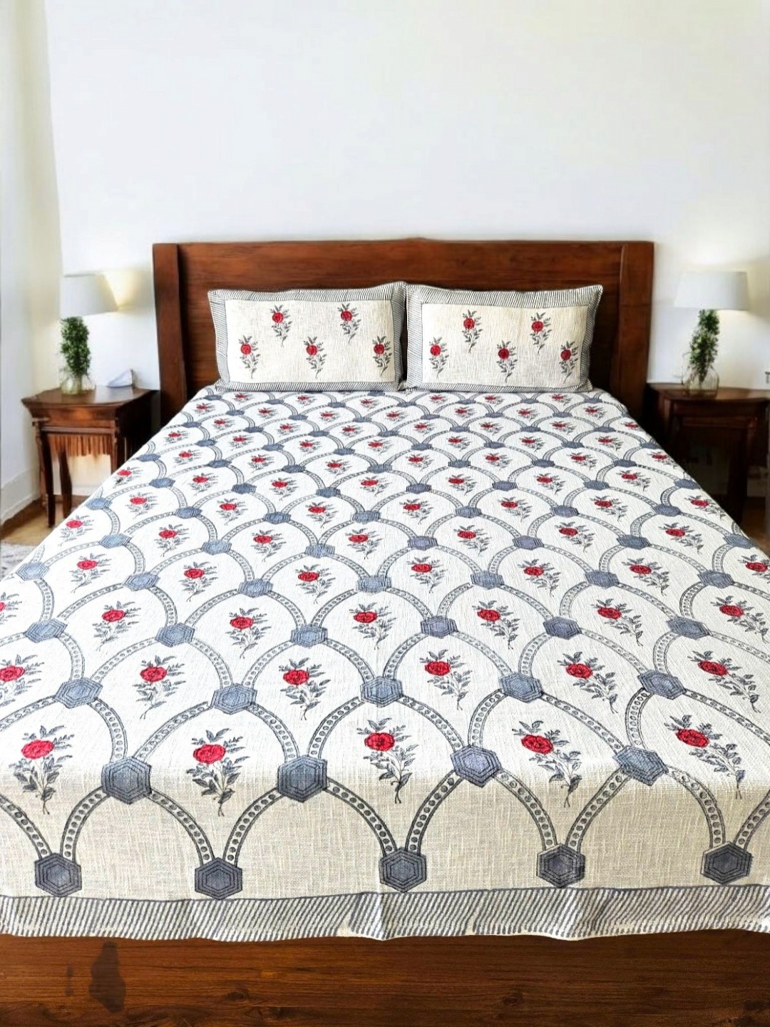 

Feels Like Home 3Pcs Red & White Floral Printed Pure Cotton & Jute Bed Covers