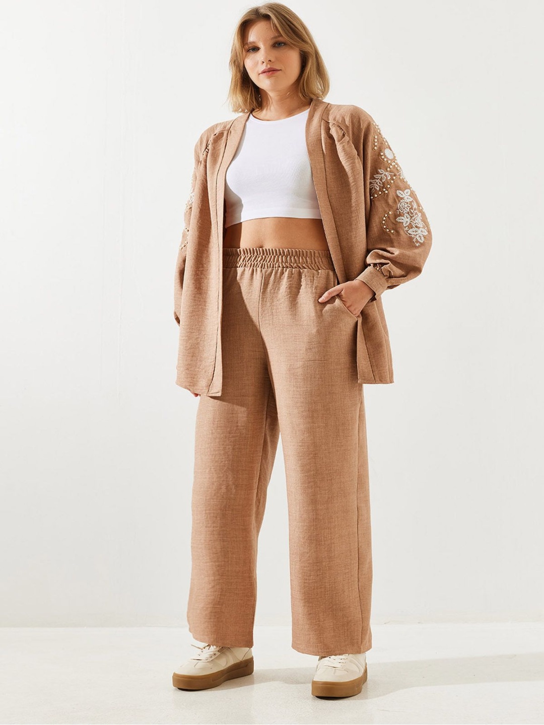 

BIANCO LUCCI Embroidered Coat & Trouser Co-Ord Set, Tan