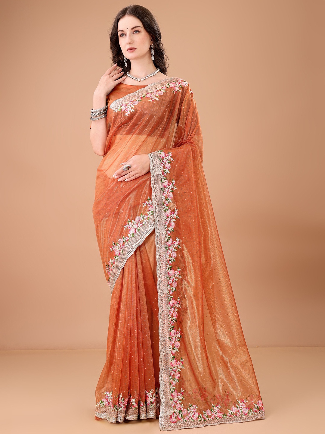 

devkison Designer Floral Embroidered Net Saree, Orange