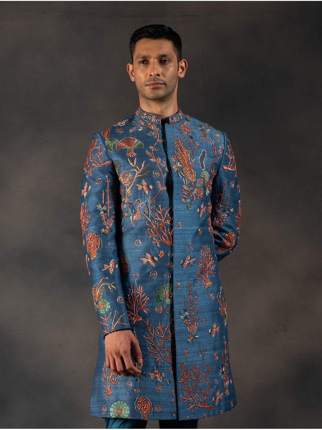 

HILO DESIGN Embroidered Pure Silk Vogue Sherwani Set, Blue