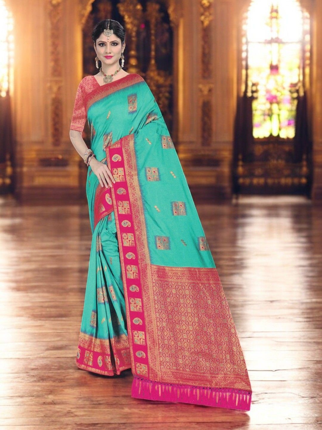 

SHOPPKEE Woven Design Zari Silk Blend Banarasi Saree, Blue