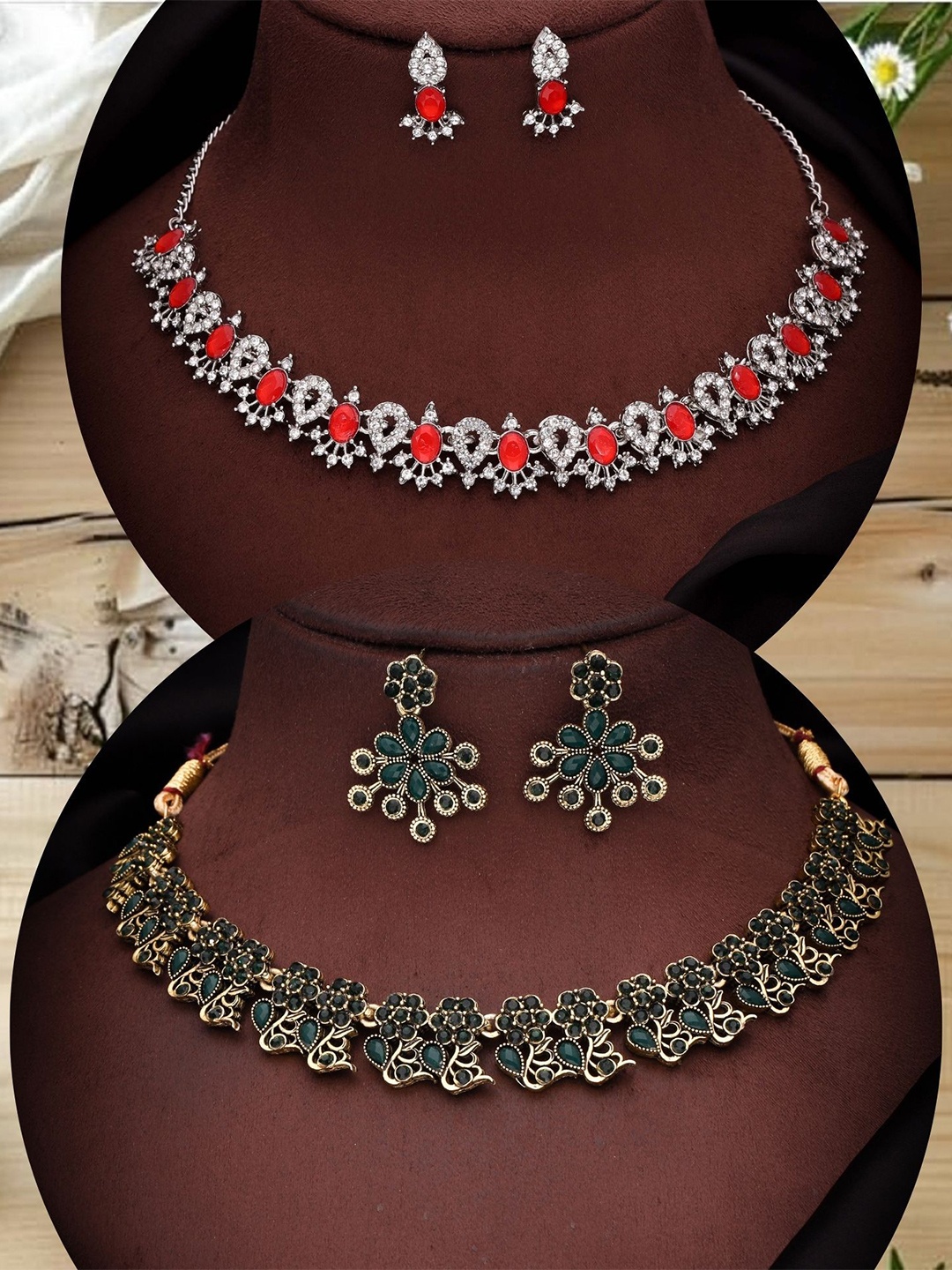 

DIVASTRI Set Of 2 Silver-Plated American Diamond Studded Jewellery Set, Gold