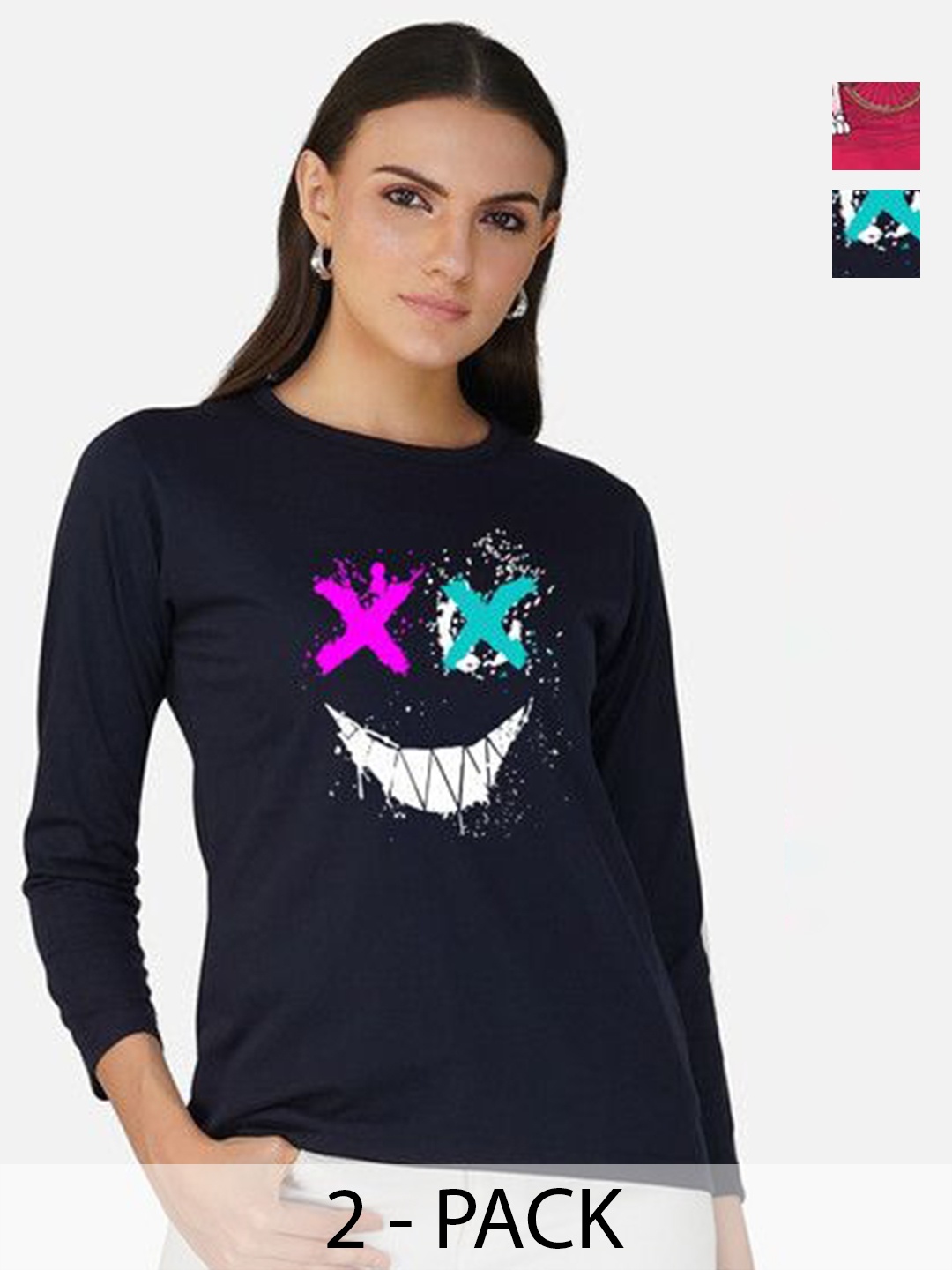 

Metronaut Women 2 Printed Bio Finish Applique T-shirt, Navy blue