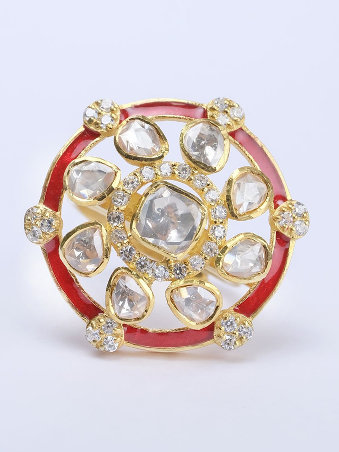 

Sica Jewellery Gold-Plated Kundan-Studded Moissanite Polki Cherry Finger Ring