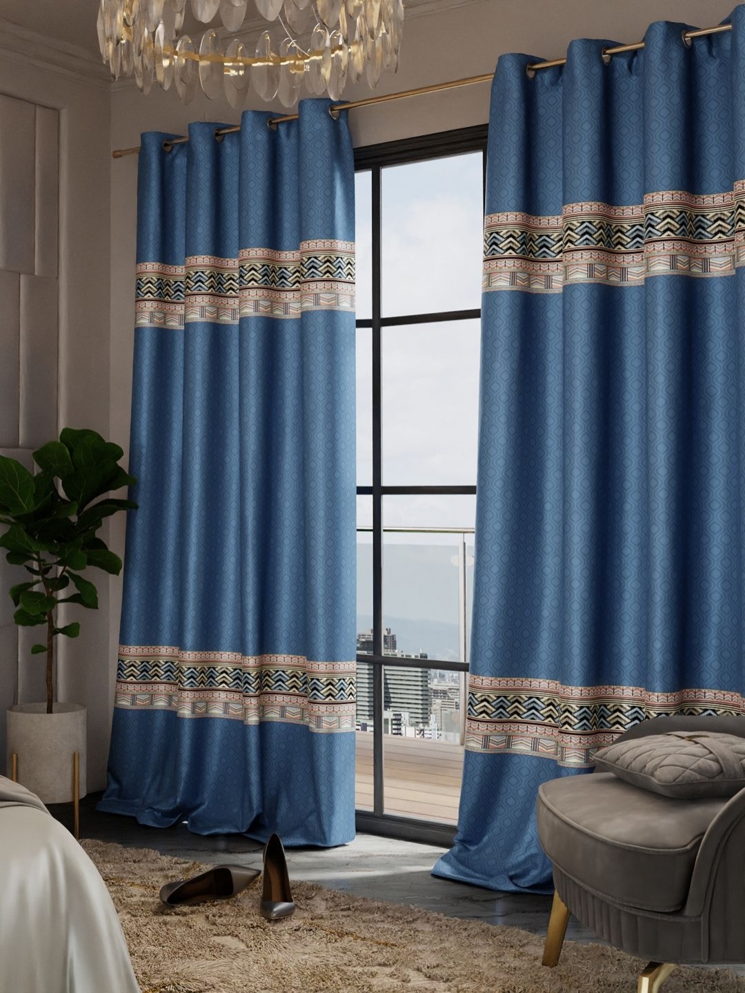 

Stoa Paris Versailles Navy Blue & Beige Set of 2 Ethnic Motifs Long Door Curtains