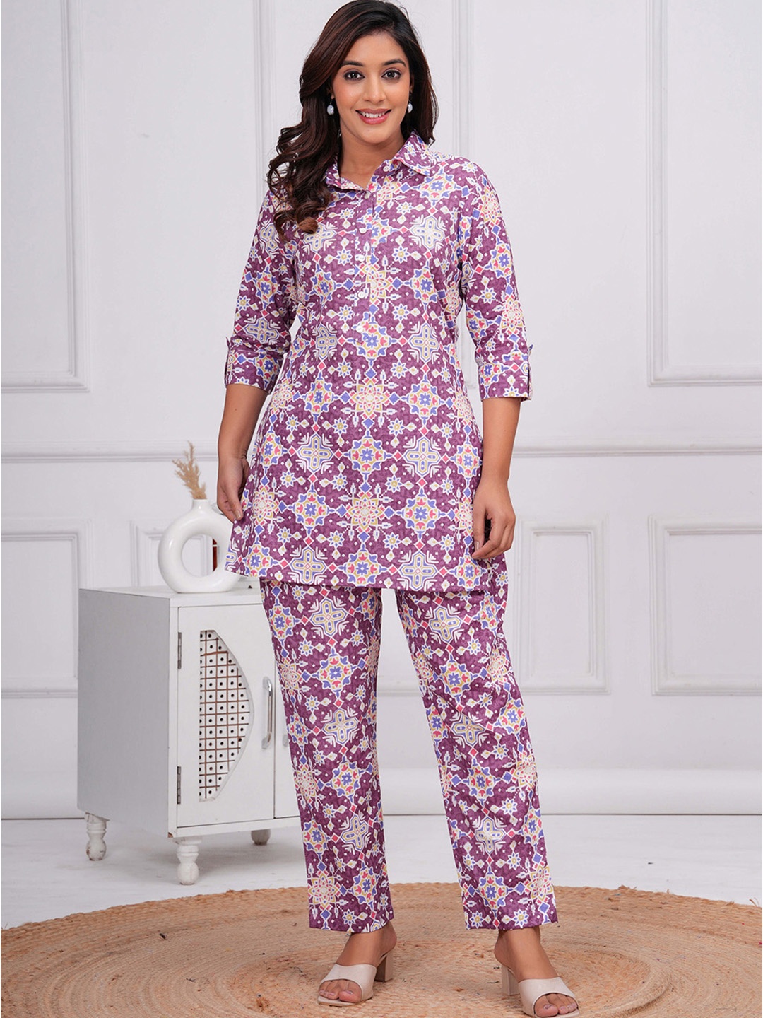 

FEMARY Floral Printed Shirt Collar Pure Cotton Tunic & Trousers, Purple