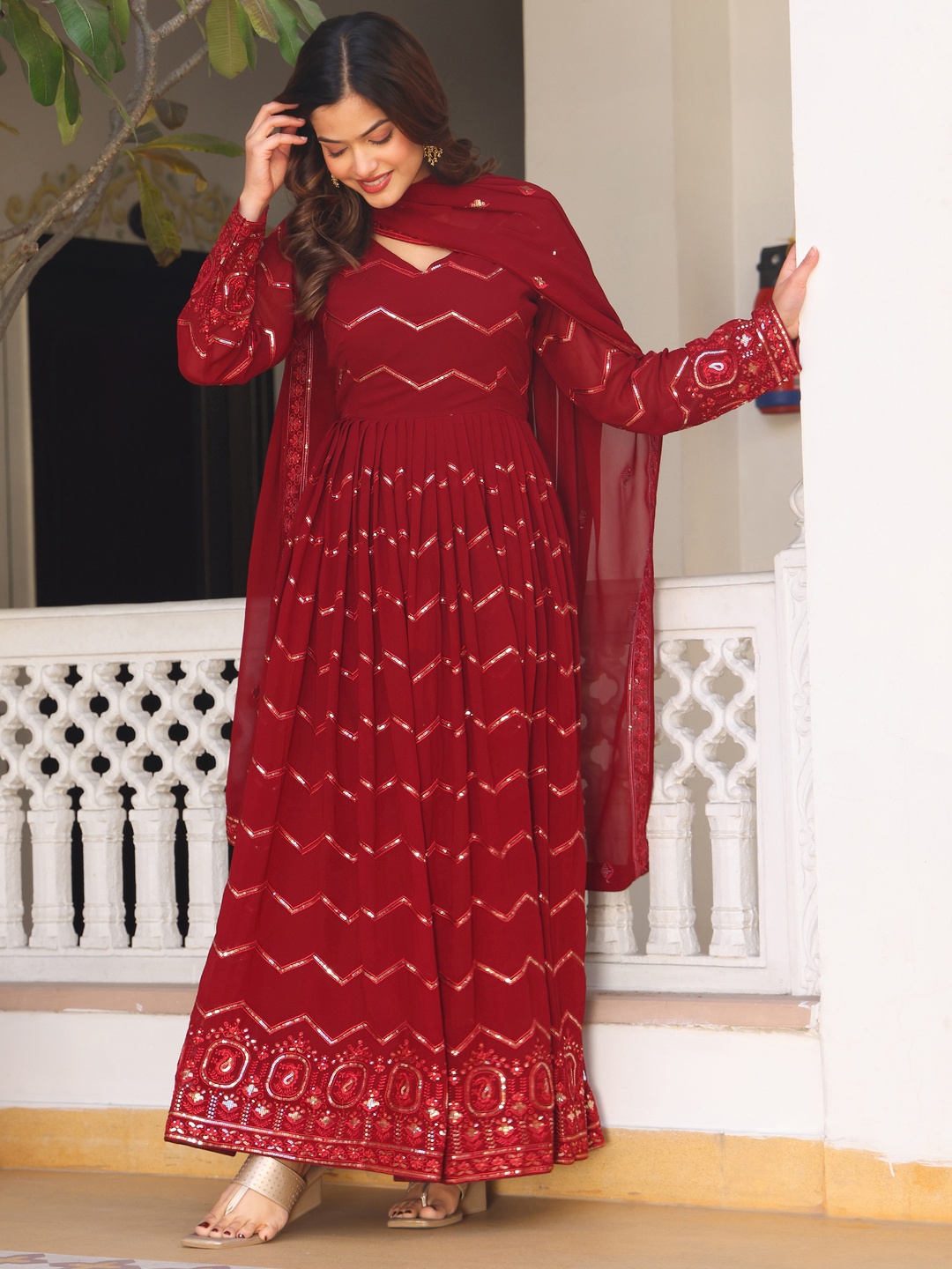

KALINI Embroidered Regular Sequinned Kurta with Pyjamas & With Dupatta, Maroon