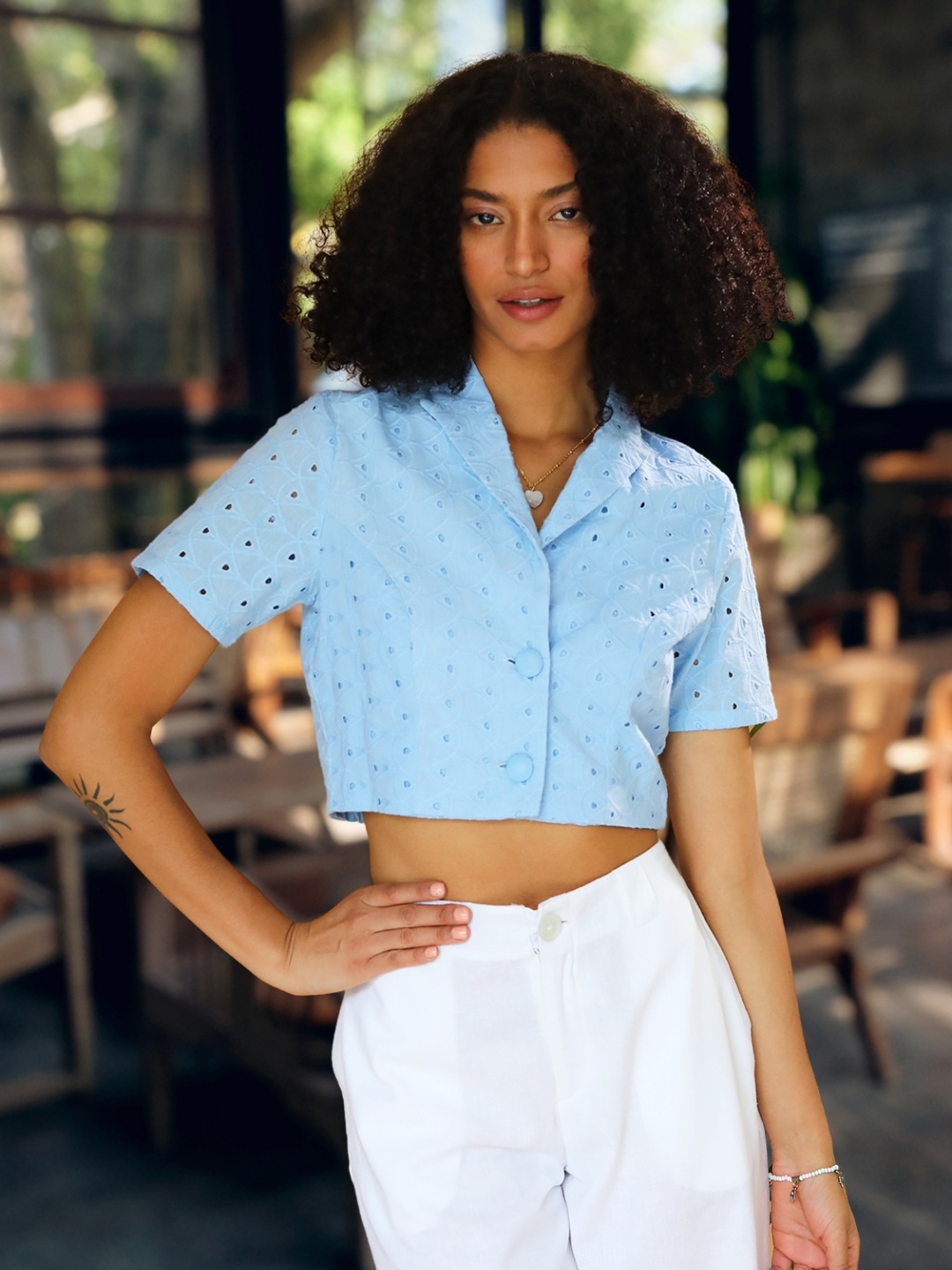 

DressBerry Embroidered Cotton Schiffli Crop Top, Blue