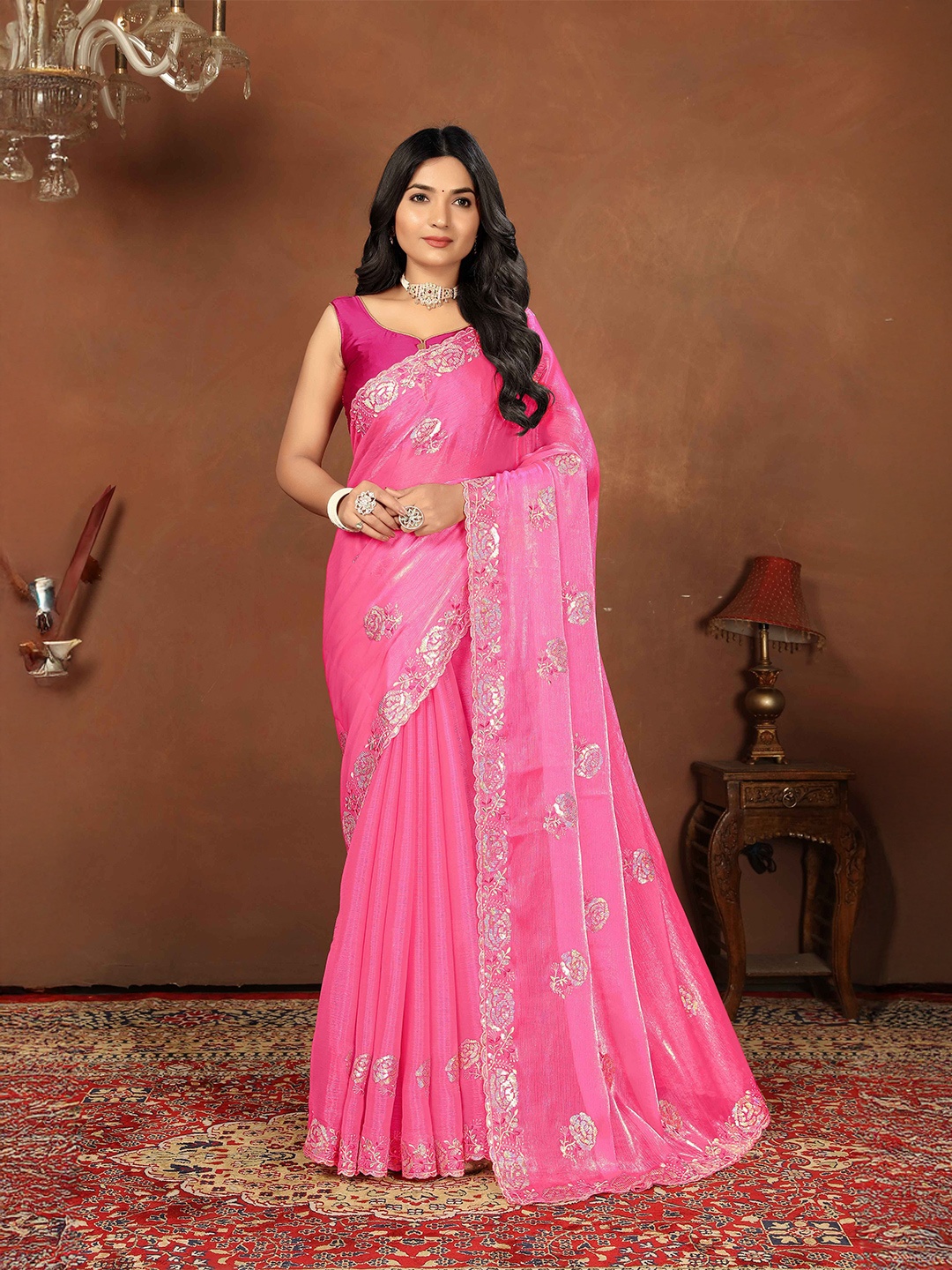 

NEGRONI Floral Sequinned Organza Saree, Pink